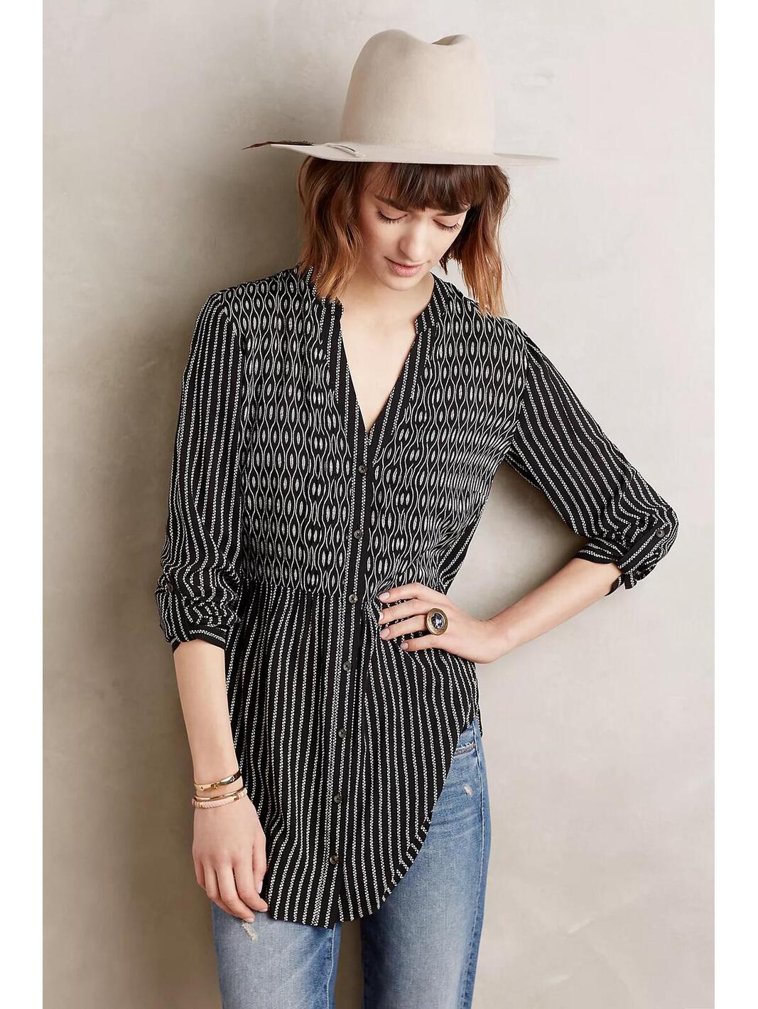 Maeve By Anthropologie Calia Tunic Black & White Print Blouse